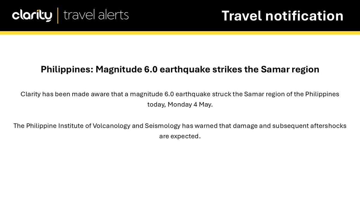 Clarity_BT's tweet image. Clarity advises travellers to be prepared for possible aftershocks, monitor local media for updates, adhere to the instructions of local authorities, and confirm all transport arrangements prior to departure. #Philippines