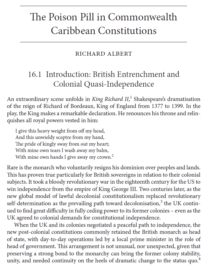 RichardAlbert's tweet photo. 📝 The proofs for my chapter on "The Poison Pill in Commonwealth Caribbean Constitutions," coming soon in a book titled "Constitutional Actors in the UK Constitution" edited by @Chris_JMonaghan. 

In the paper, I draw from my experience as a member of the 15-person Constitutional Reform Committee of Jamaica to show the negative effects of the decolonial poison pill on efforts to modernize the system of government in Jamaica.

Full draft: https://t.co/XizRQIZl7g