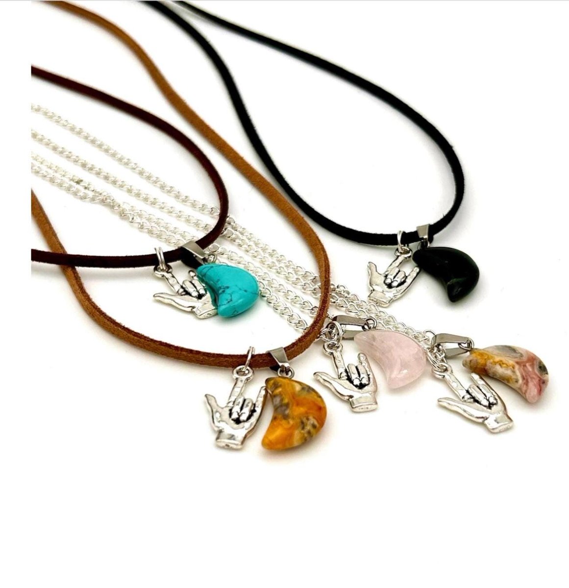 Custom ASL I Love You to the Moon necklace.  Chose the cord type, cord color, and type of stone (moon). zencatpottery.etsy.com/listing/182846…
#ASLJewelryHashtagASLNecklace #ILoveYouToTheMoon #ToTheMoonJewelry #LoveJewelry #StoneMoonNecklace #MoonNecklace