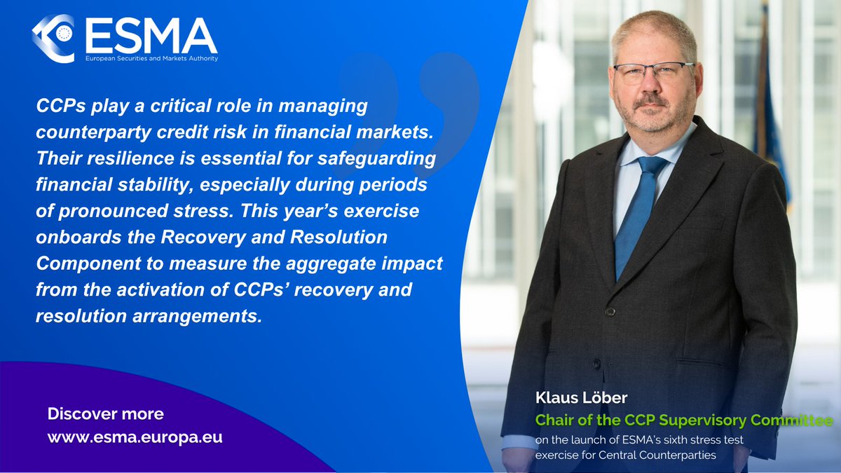 ESMAComms's tweet image. 🩺 How resilient are central counterparties to adverse market developments?

ESMA’s sixth #CCPs #stresstest exercise looks at credit risk, concentration risk, reverse stress scenarios and, for the first time, recovery and resolution arrangements.

🔗 link.europa.eu/qvxNfC