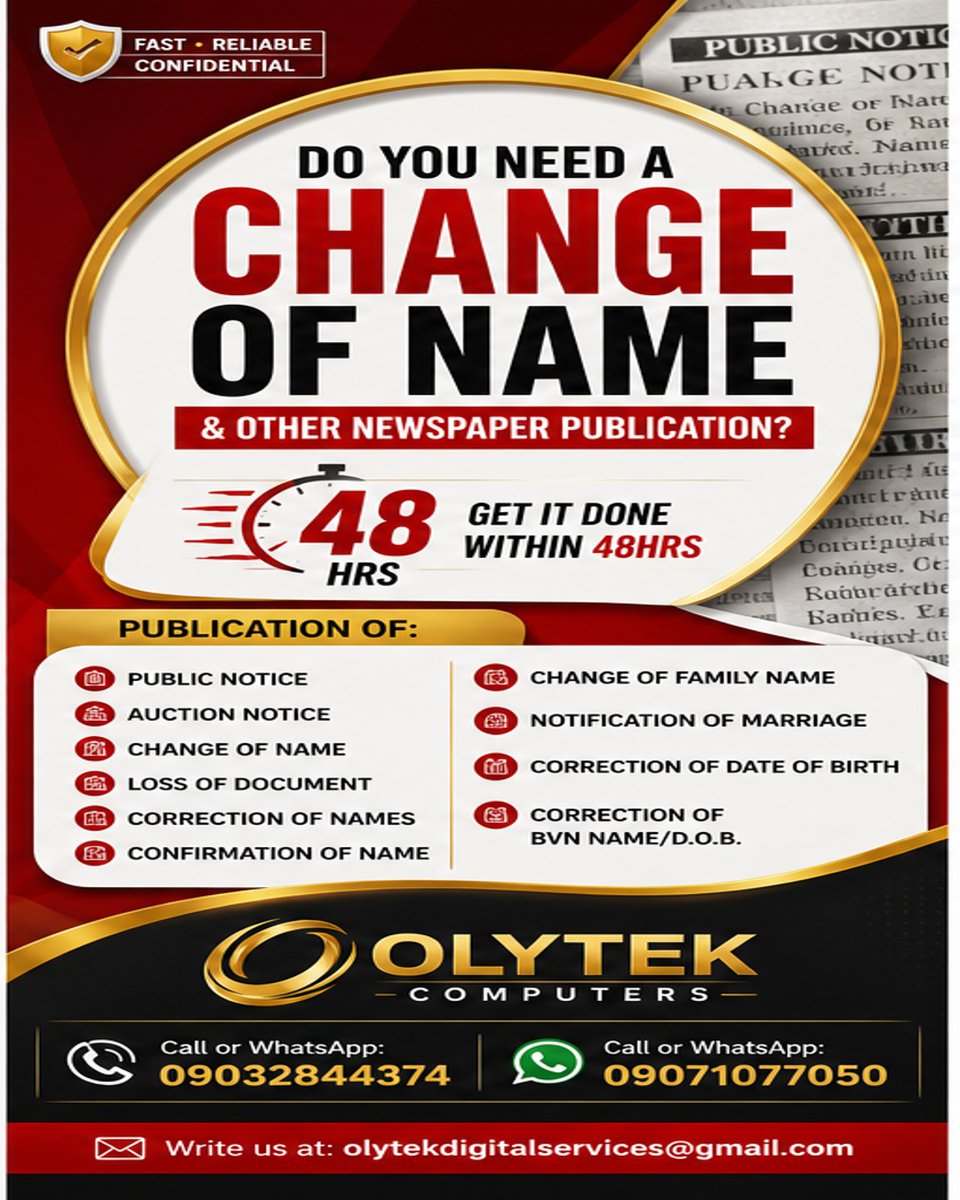 Olytekcomputers's tweet photo. NEWSPAPER PUBLICATION SERVICES

 Our Publications Services Include

📌PUBLIC NOTICE
📌CHANGE OF NAME
📌 CORRECTION OF BVN ERRORS
📌REGISTRATION OF TRUSTEES
📌NOTIFICATION OF MARRIAGE
📌CORRECTION OF NAMES
📌CHANGE OF FAMILY NAME
📌AUCTION NOTICE
📌LOSS OF DOCUMENTS ETC https://t.co/N0Dsp647xK