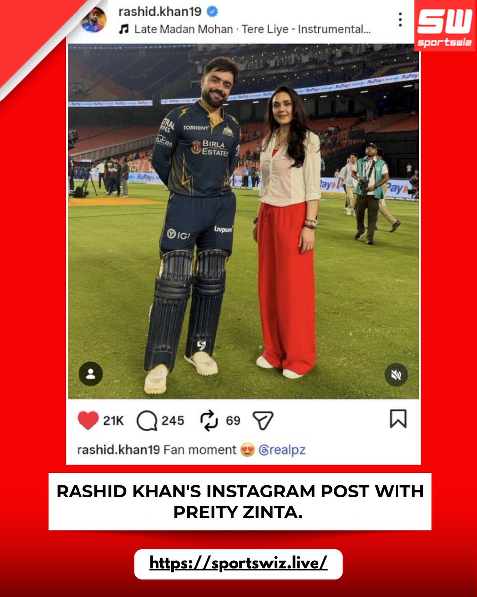 mysportswiz's tweet image. Rashid Khan shares a special moment with Preity Zinta on Instagram ✨💛

Cricket meets Bollywood — smiles, vibes &amp;amp; a wholesome fan moment 💯🔥

Moments like these hit different 👑

Sportswiz.live

#RashidKhan #PreityZinta #ShubmanGill #SuyashSharma #Chinnaswamy #SRHvKKR