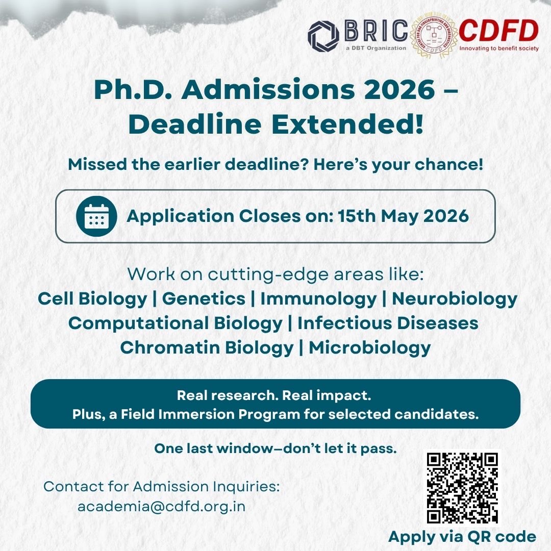 ShwetaTyagiCDFD's tweet photo. Come join CDFD!!

#PhDPosition #PhDOpportunity #DoctoralPosition #ResearchOpportunity #CDFD https://t.co/h1CKcXruMI
