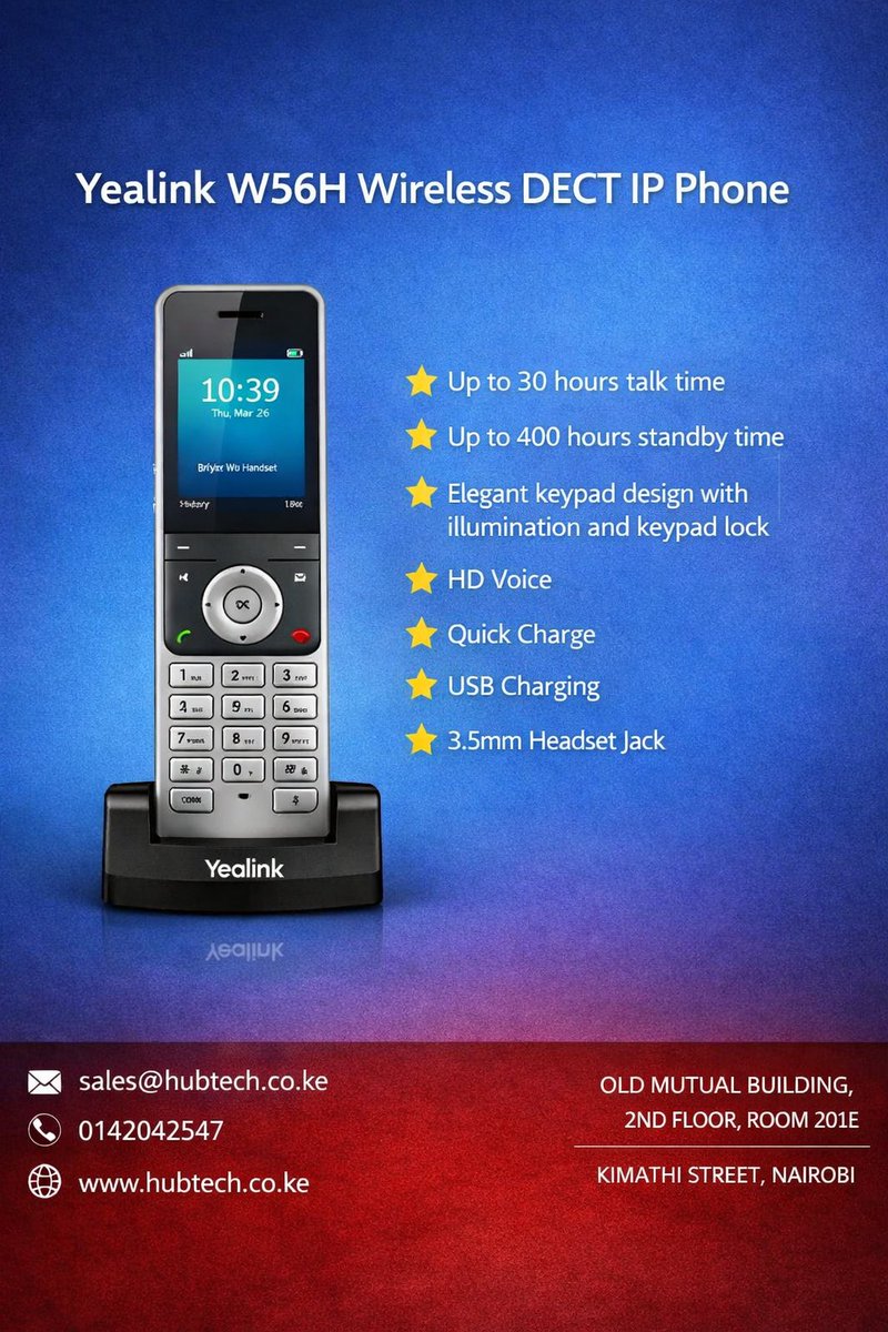 HubtechS's tweet photo. Every problem in communication starts with poor connection. The Yealink W56H is built to end it: 
It has HD Voice for crystal clarity, 30 hours talk time  Quick USB charging and a Headset jack for flexibility. Get yours today from https://t.co/bHkLA8Zsda
/sales@hubtech.co.ke https://t.co/qWDJBz3Fu8