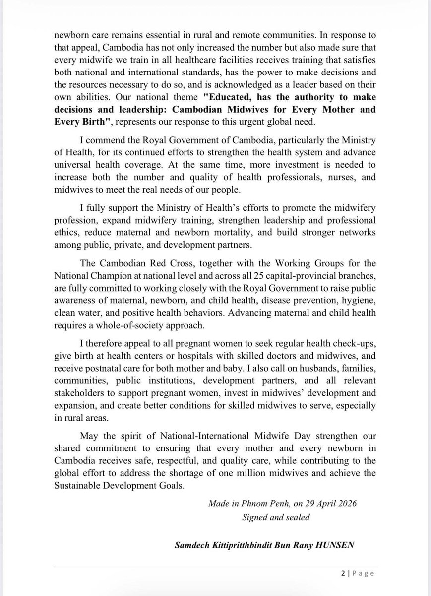 Cambodian_RC's tweet image. Message of Samdech President of #CRC &amp;amp; the National Champion of the UN Secretary General’s Joint Plan of Action for Women’s &amp;amp; Children Health on the occasion of the National-International Midwife Day, 5 May 2026. Theme “One Million More Mid-wives”.
facebook.com/share/p/1bpsLg…
