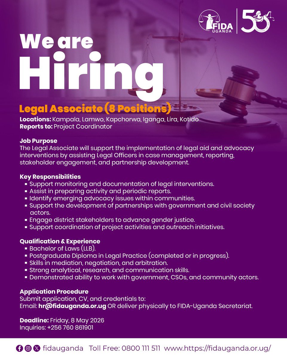 FIDA_Uganda's tweet photo. Join FIDA-Uganda as a Legal Associate to support legal aid delivery, advocacy, and community engagement across districts.

📍Kampala | Lamwo | Kapchorwa | Iganga | Lira | Kotido 
🗓 Deadline: 8th May 2026 https://t.co/Dl1yMsmJlx