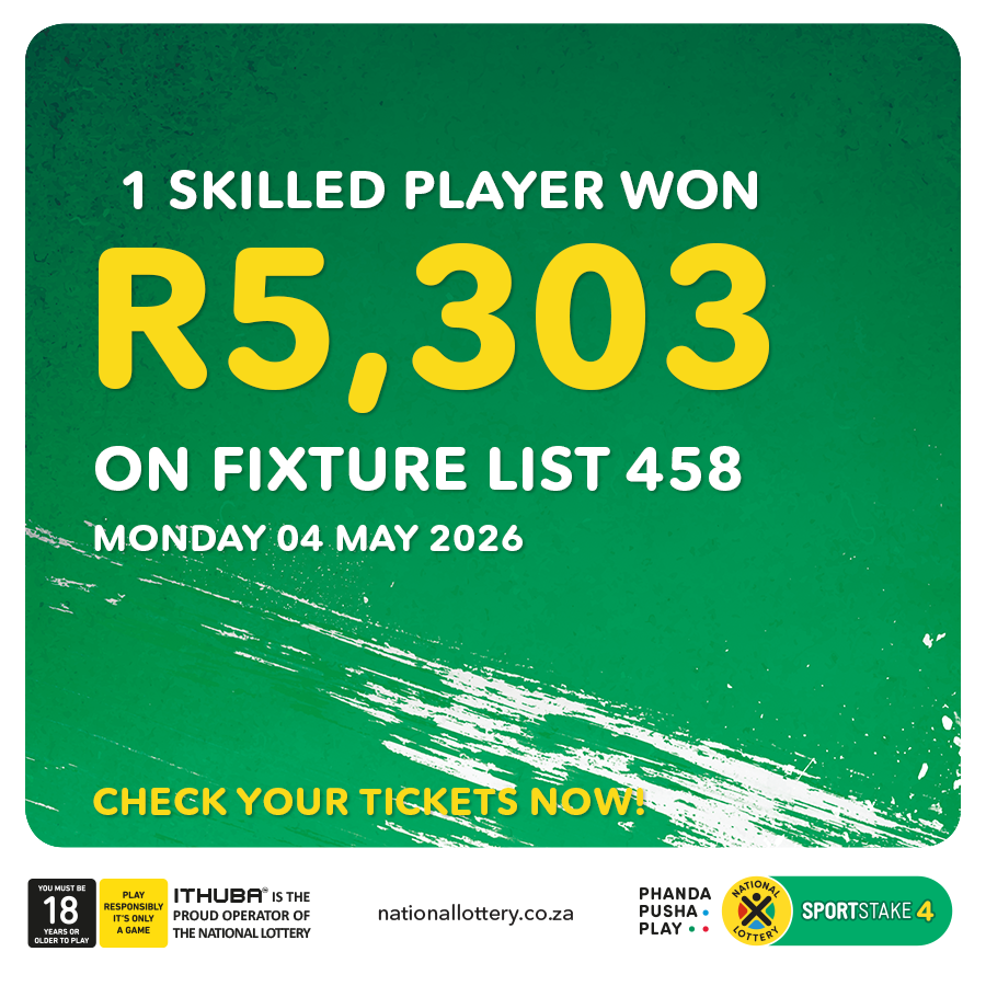 sa_lottery26's tweet photo. Here are the #SPORTSTAKE4 #FixtureResults, #Dividends for list 458 & #Fixturelist 459 with an estimated Jackpot of R6,000. Congratulations to the winner of R5,303. You are #InjaYeGame.
Players must be 18 years or older, play responsibly. https://t.co/XhJLzOPcY0