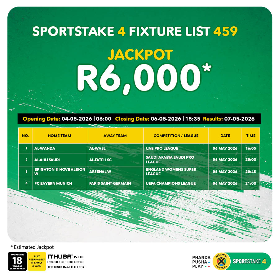 sa_lottery26's tweet photo. Here are the #SPORTSTAKE4 #FixtureResults, #Dividends for list 458 & #Fixturelist 459 with an estimated Jackpot of R6,000. Congratulations to the winner of R5,303. You are #InjaYeGame.
Players must be 18 years or older, play responsibly. https://t.co/XhJLzOPcY0
