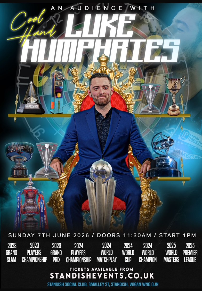 PaulBoothMC's tweet photo. A darting MBE Luke Humphries - Appearing in Standish Sunday 7th June at 1pm start - full details from https://t.co/9GRPJuHDC3 @lukeh180 @PaulBoothMC @reddragondarts #lukehumphries #darts #standish @dartsexhibition https://t.co/V9pRwKWFlg