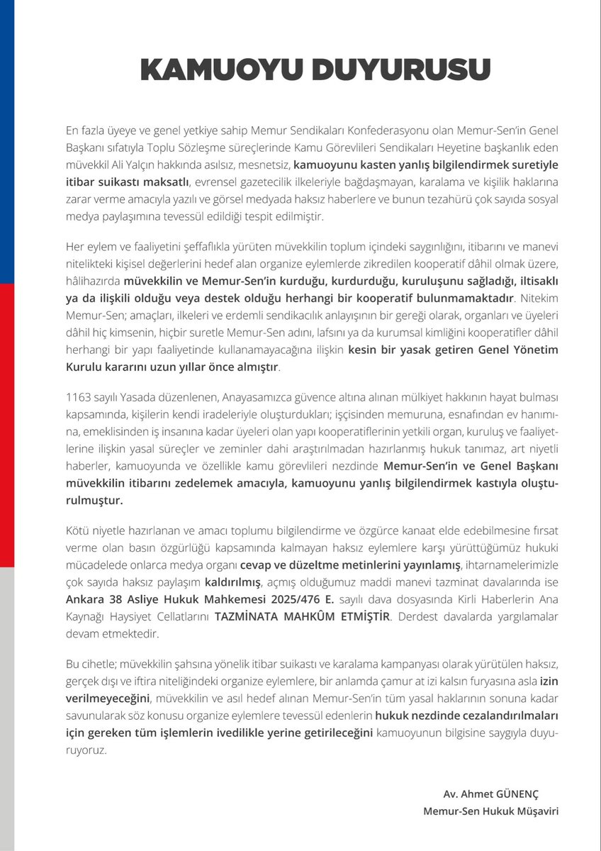 ebsistanbul1's tweet photo. KAMUOYUNUN DİKKATİNE

Memur-Sen’e ve Genel Başkanımız Ali Yalçın’a yönelik itibar suikastı amacıyla üretilen asılsız haberler ve sosyal medya paylaşımlarına kaynaklık eden kirli yayınların sahipleri, mahkeme kararıyla tazminata mahkûm edilmiştir. https://t.co/ZMknCwZ7A7