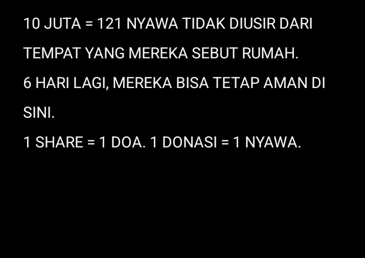 Assalamualaikum kaka baik...

6 hari lagi, waktu kami untuk melunasi sisa sewa tempat 121 anak-anak ini. 
Kekurangannya masih 10 juta. 

Kalau kami tidak bisa bayar, uang sewa yang sudah masuk akan dikembalikan, 
tapi dipotong untuk 4 bulan kami di sini.