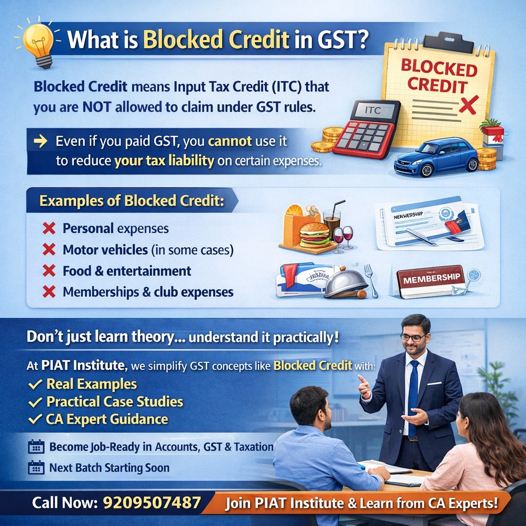 piatinstitute's tweet image. Blocked Credit in GST samajhna zaroori hai! 🚫

Har expense par ITC claim nahi hota — sahi knowledge hi aapko tax mistakes se bachati hai.

PIAT Institute ke saath GST ko practical way mein seekho aur apni career growth ko boost karo! 📚✨

#GST #BlockedCredit #InputTaxCredit