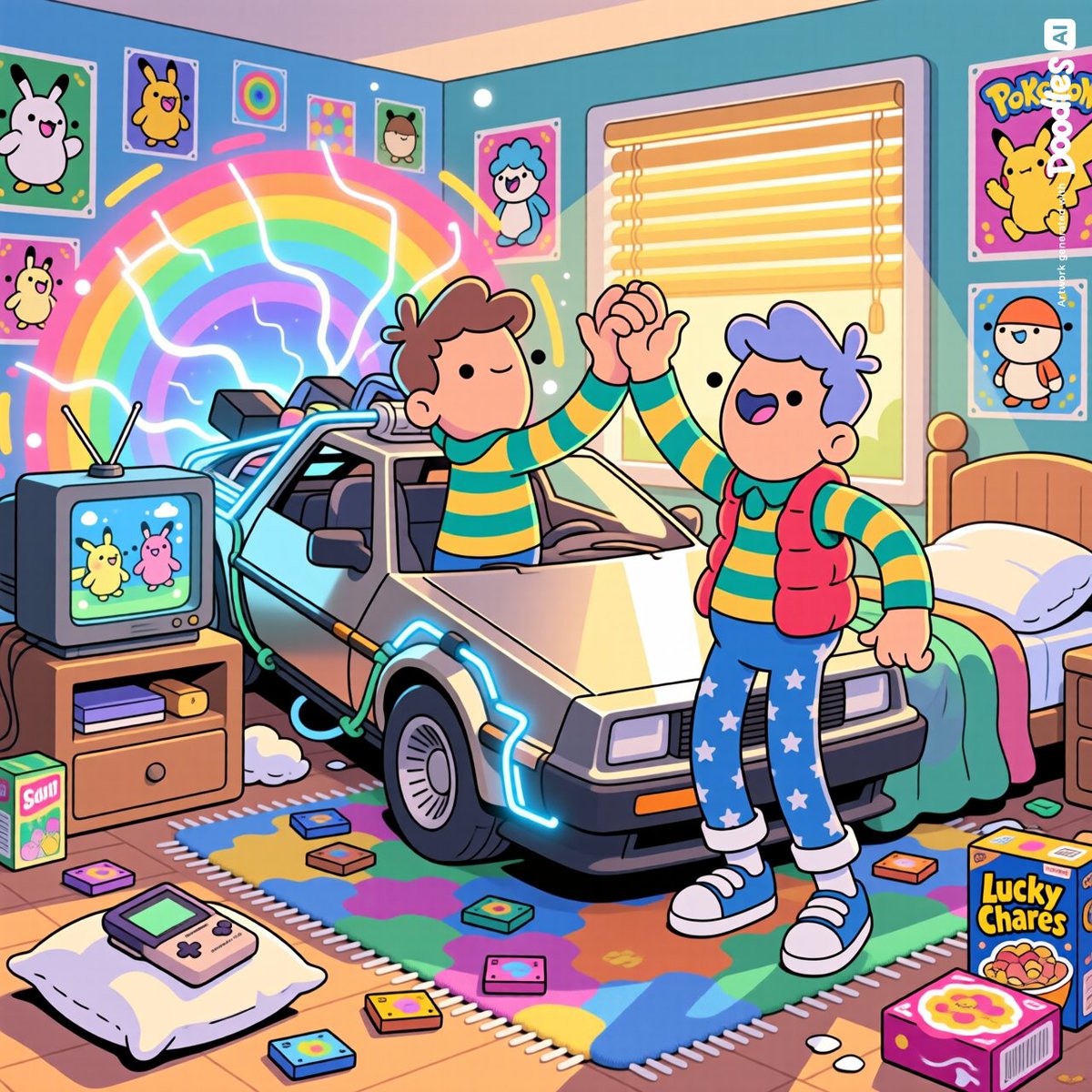 OkolieSamuel360's tweet photo. My DoodLorean just took me back to the ultimate childhood Saturday morning ��🌈
Cartoons, cereal, Nintendo 64, and pure joy. Where we're going, we don't need roads... just sugar and Saturday mornings!
@doodles @DeLoreanlabs #DoodLorean #PromptComp2 https://t.co/vMqh2Xg6wi