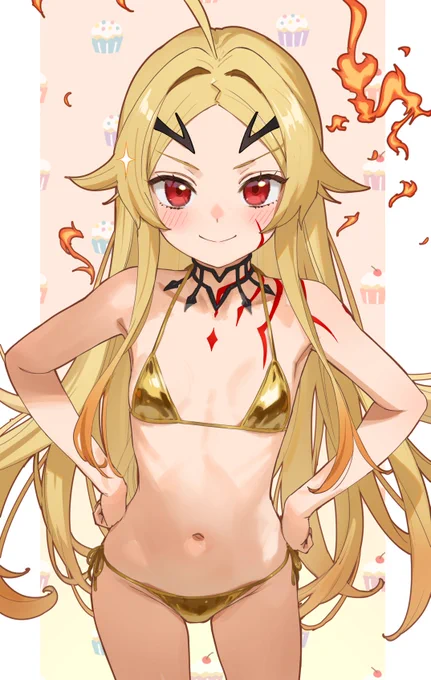 GWなので自分も流行に乗って金ビキニ絵描いた 女神にふさわしい水着を着てドヤ顔のテオリッタちゃん ※修正点があったので再投稿しましたすいません…