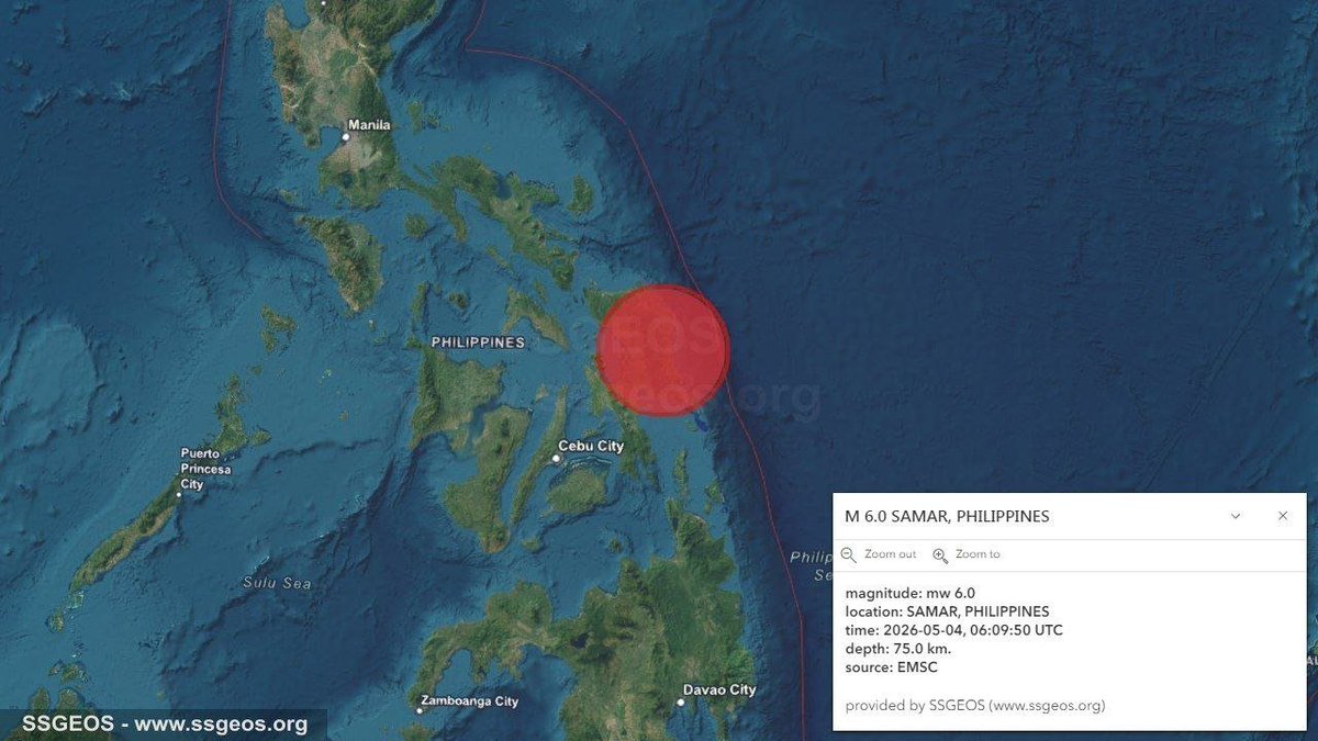 irene_makarenko's tweet image. May 04_2⃣ #SeismoAlert
🚩Climate Awareness

⚡️Strong M6.0 earthquake in the waters of #Philippines
The epicenter was located in the province of Eastern Samar, ap. 315 km north of Butuan, at 75 km depth.

At the moment, there is no information about serious damage or casualties