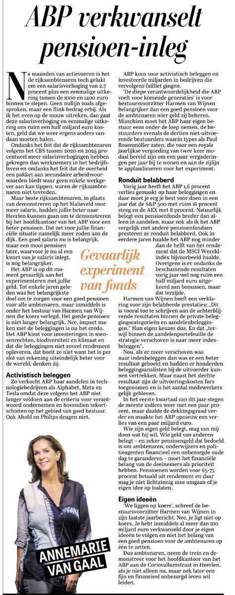 hsdvries's tweet photo. ABP verkwanselt pensioen-inleg. Ambtenaren worden door hun eigen pensioenfonds genekt. Afgelopen jaar was rendement van dit fonds -1,6 procent. Terwijl de S&amp;P500 een rendement had van 16% en onze AEX altijd nog 8%. Dit allemaal gerealiseerd door activistische beleggingen. https://t.co/wvWCQwDQwp