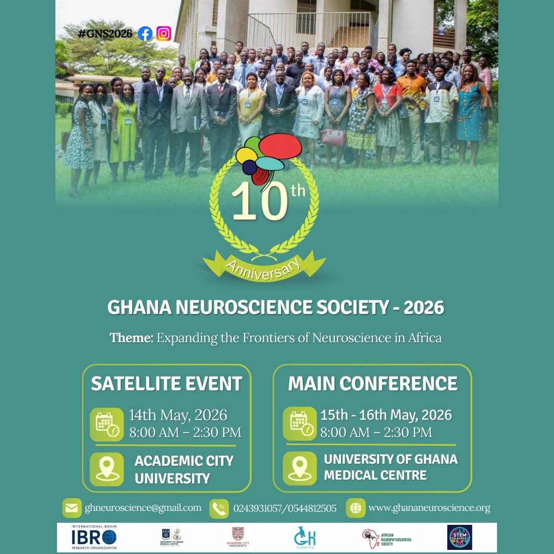 UGMCSim's tweet photo. In 2026, the Ghana Neuroscience Society (GNS) marks 10 years of advancing brain research, education, and innovation with a landmark anniversary conference, Frontiers of Neuroscience Research in Africa. 
Sign up! https://t.co/ZTshgreKT9