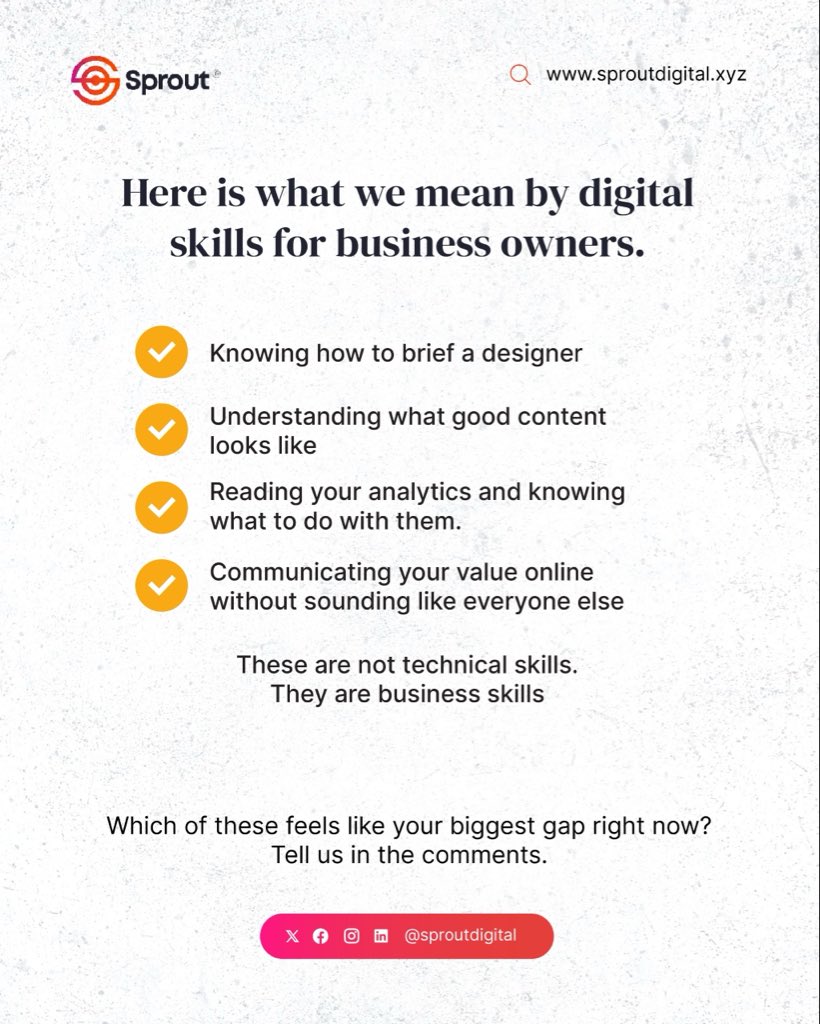 _sproutdigital's tweet photo. Skill built your business.
Visibility grows it.

Bridge the gap with Sprout.

#DigitalSkills #BusinessGrowth #SproutDigital https://t.co/bIm9KrV76M