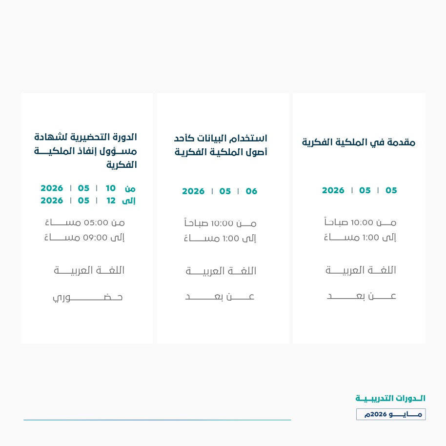 SAIPKSA's tweet photo. بالتدريب نعزز الوعي والمعرفة بحقوق #الملكية_الفكرية، نقدم لكم تقويم الدورات التدريبية لشهر مايو 2026م من #أكاديمية_الملكية_الفكرية.
