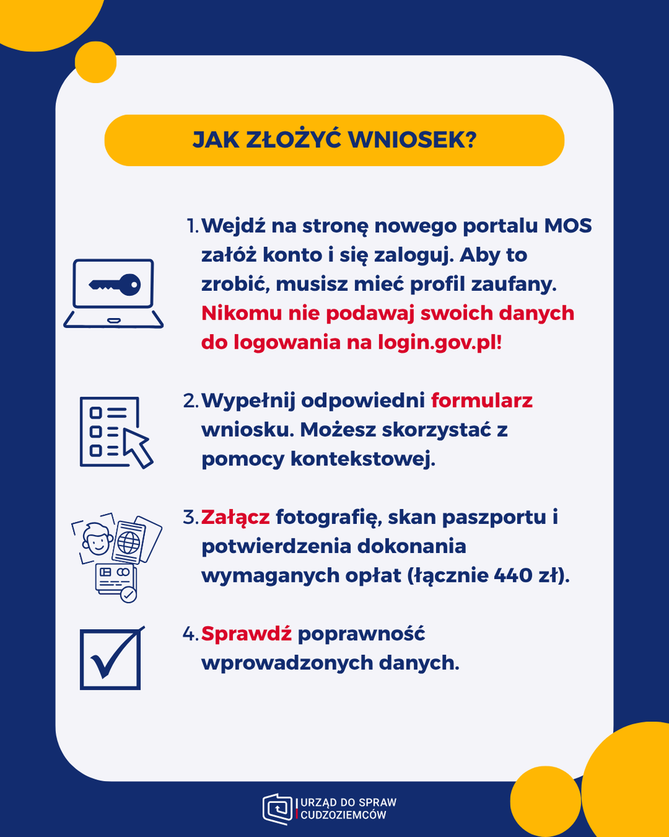 UdSC_gov_pl's tweet photo. ℹ️Od dzisiaj możliwe jest składanie wniosków o wydanie karty pobytu z adnotacją „Poprzednio posiadacz ochrony czasowej” - tzw. karta pobytu CUKR!

Pierwszy wniosek został złożony w ciągu 6⃣ minut od uruchomienia możliwości składania wniosków.
Do godziny 10.00 złożonych zostało prawie 2⃣0⃣0⃣ wniosków.

Jak złożyć wniosek o wydanie karty pobytu CUKR?
✅załóż konto użytkownika w nowym systemie MOS (Moduł Obsługi Spraw) -  jeśli miałeś już konto w poprzednim systemie MOS, musisz utworzyć nowe konto;
✅osobiście zaloguj się do systemu MOS za pośrednictwem https://t.co/GIegoxlcTI (po kliknięciu „zaloguj” na stronie MOS nastąpi przekierowanie) i wypełnij formularz wniosku o wydanie karty pobytu dla obywateli Ukrainy korzystających z ochrony czasowej.
❗️Nigdy nie podawaj nikomu informacji służących do logowania na https://t.co/GIegoxlcTI. Może to wpłynąć na bezpieczeństwo Twoich danych❗️
✅dodaj wymagane załączniki:
📎 aktualną fotografię w formacie cyfrowym;
📎 potwierdzenie dokonania płatności (elektroniczne potwierdzenie przelewu lub skan potwierdzenia przelewu): opłaty w wysokości 100 zł za wydanie karty pobytu oraz opłaty skarbowej w wysokości 340 zł za udzielenie zezwolenia na pobyt czasowy - pamiętaj, że są to osobne opłaty i należy ich dokonać na osobne konta.
✅podpisz elektroniczne wniosek –profilem zaufanym, kwalifikowanym podpisem elektronicznym lub podpisem osobistym.

Po poprawnym podpisaniu i wysłaniu wniosku będziesz mógł zapisać go w formatach PDF i XML oraz otrzymać Urzędowe Poświadczenie Odbioru (UPO).

Jeśli zostanie Ci wydana karta pobytu, wojewoda poinformuje Cię o możliwości jej odbioru.

Więcej informacji: https://t.co/hdNUhkw2Wz