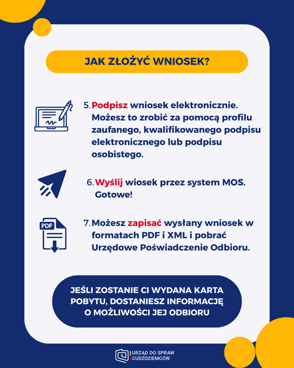UdSC_gov_pl's tweet photo. ℹ️Od dzisiaj możliwe jest składanie wniosków o wydanie karty pobytu z adnotacją „Poprzednio posiadacz ochrony czasowej” - tzw. karta pobytu CUKR!

Pierwszy wniosek został złożony w ciągu 6⃣ minut od uruchomienia możliwości składania wniosków.
Do godziny 10.00 złożonych zostało prawie 2⃣0⃣0⃣ wniosków.

Jak złożyć wniosek o wydanie karty pobytu CUKR?
✅załóż konto użytkownika w nowym systemie MOS (Moduł Obsługi Spraw) -  jeśli miałeś już konto w poprzednim systemie MOS, musisz utworzyć nowe konto;
✅osobiście zaloguj się do systemu MOS za pośrednictwem https://t.co/GIegoxlcTI (po kliknięciu „zaloguj” na stronie MOS nastąpi przekierowanie) i wypełnij formularz wniosku o wydanie karty pobytu dla obywateli Ukrainy korzystających z ochrony czasowej.
❗️Nigdy nie podawaj nikomu informacji służących do logowania na https://t.co/GIegoxlcTI. Może to wpłynąć na bezpieczeństwo Twoich danych❗️
✅dodaj wymagane załączniki:
📎 aktualną fotografię w formacie cyfrowym;
📎 potwierdzenie dokonania płatności (elektroniczne potwierdzenie przelewu lub skan potwierdzenia przelewu): opłaty w wysokości 100 zł za wydanie karty pobytu oraz opłaty skarbowej w wysokości 340 zł za udzielenie zezwolenia na pobyt czasowy - pamiętaj, że są to osobne opłaty i należy ich dokonać na osobne konta.
✅podpisz elektroniczne wniosek –profilem zaufanym, kwalifikowanym podpisem elektronicznym lub podpisem osobistym.

Po poprawnym podpisaniu i wysłaniu wniosku będziesz mógł zapisać go w formatach PDF i XML oraz otrzymać Urzędowe Poświadczenie Odbioru (UPO).

Jeśli zostanie Ci wydana karta pobytu, wojewoda poinformuje Cię o możliwości jej odbioru.

Więcej informacji: https://t.co/hdNUhkw2Wz