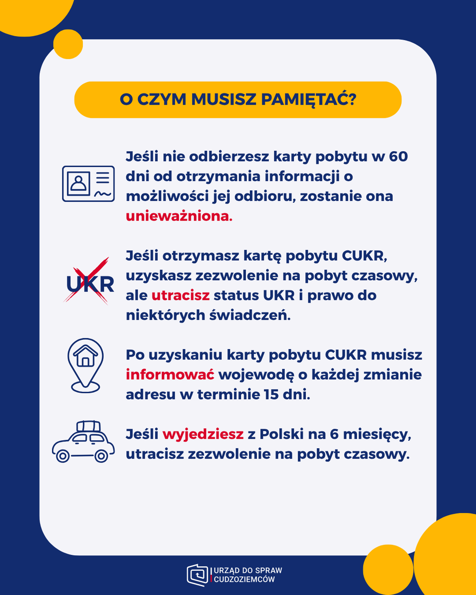 UdSC_gov_pl's tweet photo. ℹ️Od dzisiaj możliwe jest składanie wniosków o wydanie karty pobytu z adnotacją „Poprzednio posiadacz ochrony czasowej” - tzw. karta pobytu CUKR!

Pierwszy wniosek został złożony w ciągu 6⃣ minut od uruchomienia możliwości składania wniosków.
Do godziny 10.00 złożonych zostało prawie 2⃣0⃣0⃣ wniosków.

Jak złożyć wniosek o wydanie karty pobytu CUKR?
✅załóż konto użytkownika w nowym systemie MOS (Moduł Obsługi Spraw) -  jeśli miałeś już konto w poprzednim systemie MOS, musisz utworzyć nowe konto;
✅osobiście zaloguj się do systemu MOS za pośrednictwem https://t.co/GIegoxlcTI (po kliknięciu „zaloguj” na stronie MOS nastąpi przekierowanie) i wypełnij formularz wniosku o wydanie karty pobytu dla obywateli Ukrainy korzystających z ochrony czasowej.
❗️Nigdy nie podawaj nikomu informacji służących do logowania na https://t.co/GIegoxlcTI. Może to wpłynąć na bezpieczeństwo Twoich danych❗️
✅dodaj wymagane załączniki:
📎 aktualną fotografię w formacie cyfrowym;
📎 potwierdzenie dokonania płatności (elektroniczne potwierdzenie przelewu lub skan potwierdzenia przelewu): opłaty w wysokości 100 zł za wydanie karty pobytu oraz opłaty skarbowej w wysokości 340 zł za udzielenie zezwolenia na pobyt czasowy - pamiętaj, że są to osobne opłaty i należy ich dokonać na osobne konta.
✅podpisz elektroniczne wniosek –profilem zaufanym, kwalifikowanym podpisem elektronicznym lub podpisem osobistym.

Po poprawnym podpisaniu i wysłaniu wniosku będziesz mógł zapisać go w formatach PDF i XML oraz otrzymać Urzędowe Poświadczenie Odbioru (UPO).

Jeśli zostanie Ci wydana karta pobytu, wojewoda poinformuje Cię o możliwości jej odbioru.

Więcej informacji: https://t.co/hdNUhkw2Wz