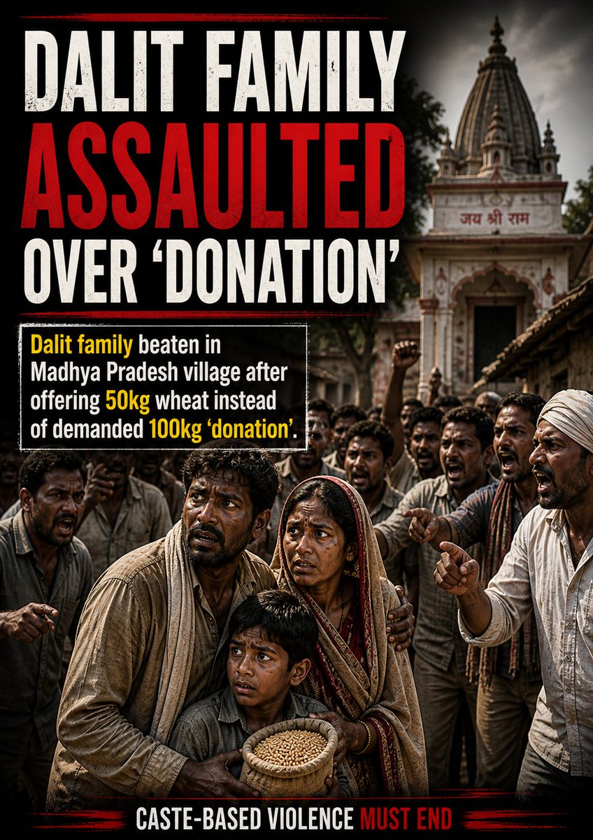 FocusNewsIND's tweet image. Dalit family beaten in Madhya Pradesh after offering 50kg wheat instead of demanded 100kg “donation.” Caste violence must end. 
#DalitLivesMatter #MadhyaPradesh