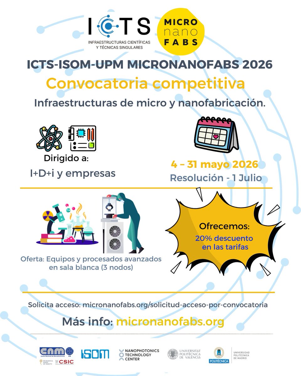 IsomUpm's tweet photo. #MICRONANOFABS: primera convocatoria de 2026 para facilitar el acceso a infraestructuras avanzadas de micro- y nano-fabricación en sus salas blancas. Tanto para grupos de I+D+i como el entorno empresarial. Más info: https://t.co/JO0yOL6maZ
 #MinisterioCienciaInnovaciónUniversidad https://t.co/rJWpqNalge