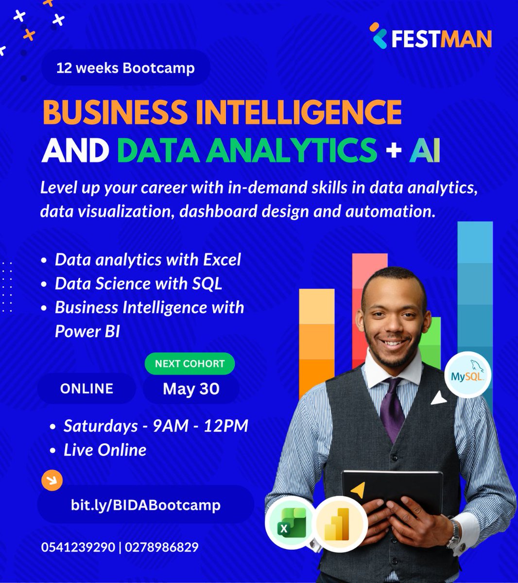 Data Analysts. Big Data Specialists. Among the fastest-growing jobs on earth through 2030. 📊

Join our 12-Week ONLINE BI &amp; Data Analytics + AI Bootcamp and level up your skills in Data analytics, dashboard design, SQL,and AI-Powered data analytics.

Visit bit.ly/BIDABootcamp