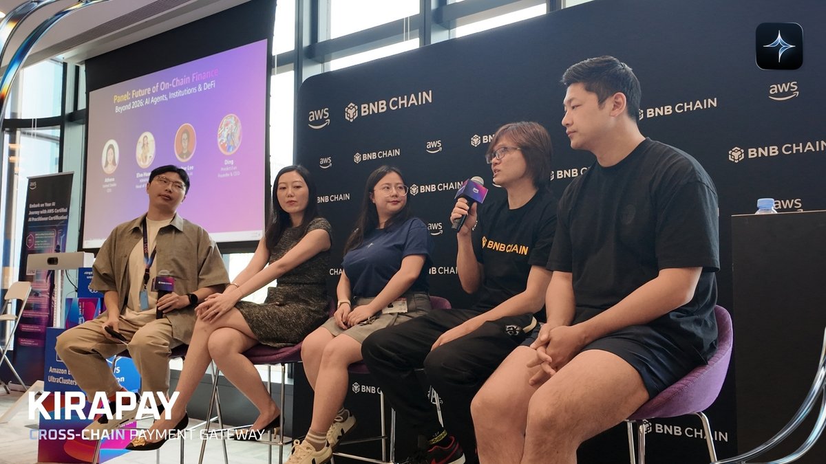 KiraPayOfficial's tweet photo. Great to be part of @BNBCHAIN × @awscloud in Hong Kong 🇭🇰 for an insightful session on the future of AI × on-chain finance 💫

Our Head of Growth Elva Huang joined Alan Chen (AWS), @lclwalter (BNB Chain), and fellow industry leaders to explore how AI agents, stablecoins, and seamless payment infrastructure can drive the next wave of Web3 adoption.

Strong conversations, valuable insights, and exciting to see so many teams focused on real-world use cases across DeFi, trading, and payments.

Big thanks to @BNBCHAIN, @awscloud, and everyone who made the session possible.
