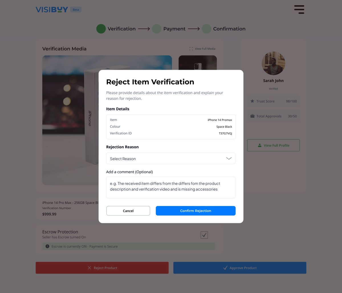 Testie_monie's tweet image. Continuing the Visibuy buyer verification flow 👇

Expand media, check timestamps, then decide — approve or reject.
Reject? Give a reason. Approve? Fill in your details before escrow kicks in.
Every step protects both sides.

Thoughts?
#UIDesign #ProductDesign
