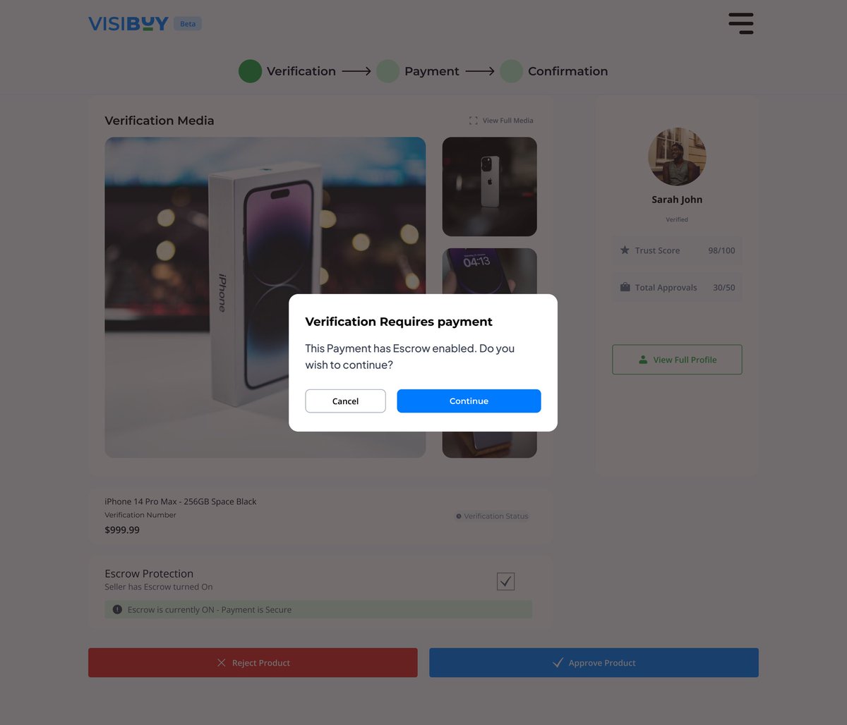 Testie_monie's tweet image. Continuing the Visibuy buyer verification flow 👇

Expand media, check timestamps, then decide — approve or reject.
Reject? Give a reason. Approve? Fill in your details before escrow kicks in.
Every step protects both sides.

Thoughts?
#UIDesign #ProductDesign