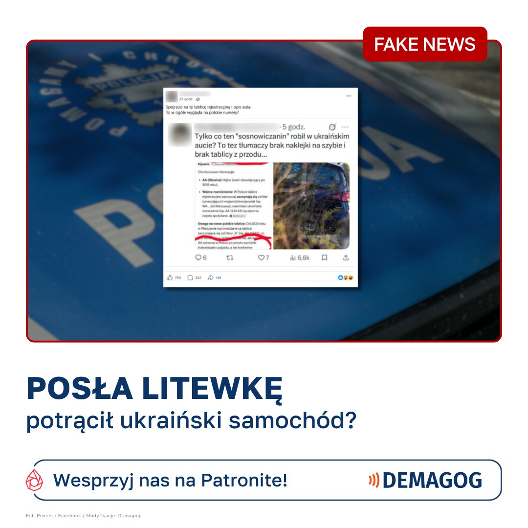 DemagogPL's tweet image. 🗣️ W mediach społecznościowych opublikowano wpisy, w których przeczytamy, że samochód, który śmiertelnie potrącił posła Łukasza Litewkę, miał ukraińskie tablice rejestracyjne. To ❌ #fakenews.

❗ Otrzymaliśmy od przedstawicieli Komendy Wojewódzkiej Policji w Katowicach