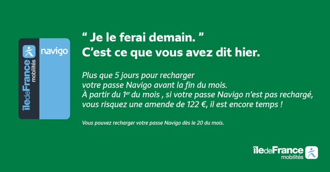 MarneSeine_IDFM's tweet photo. Tic Tac Tic Tac...🕰️
💡Pensez à recharger votre passe #Navigo pour être prêt dès le premier du mois suivant
Pour en savoir plus sur le rechargement➡️ https://t.co/gSQH8jsxG2 https://t.co/JVYz7t1BYy