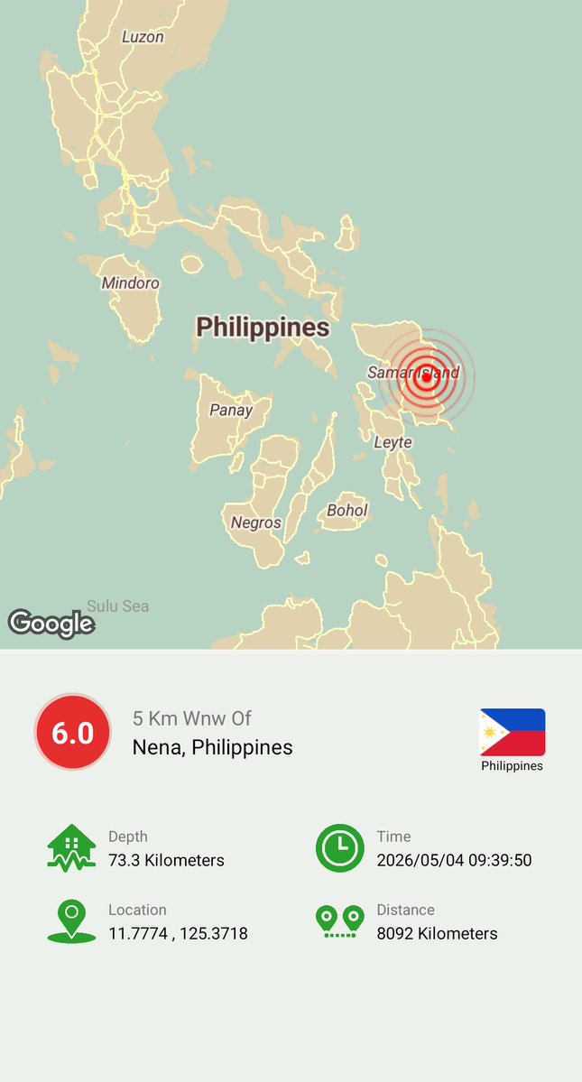 ZAMYAD_APP's tweet image. 5 Km Wnw Of Nena, Philippines
Magnitude: 6.0
Depth: 73.3 Kilometers
Location: 11.7774 , 125.3718
Time: 2026/05/04 06:09:50 (GMT)

Zamyad Earthquake Tracker
Free Download:
play.google.com/store/apps/det…

#Earthquake #Philippines #Earthquake_Tracker #zamyad