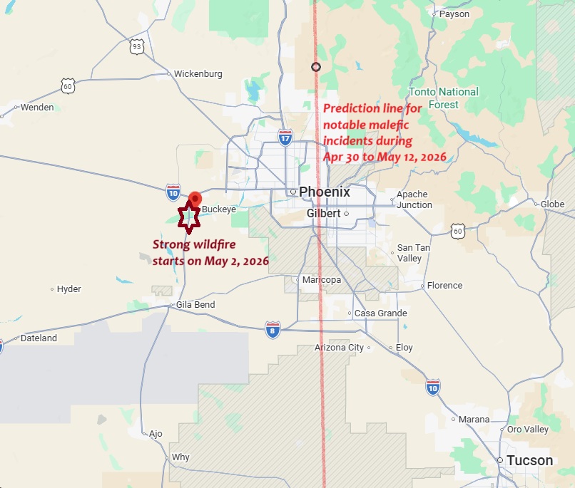 ankurwriter's tweet image. Strong wildfire near Buckeye, Arizona, which started from May 2, very close to prediction line for notable malefic incidents given for Apr 30 to May 12 period.

#predictions #wildfire #Buckeye #Arizona