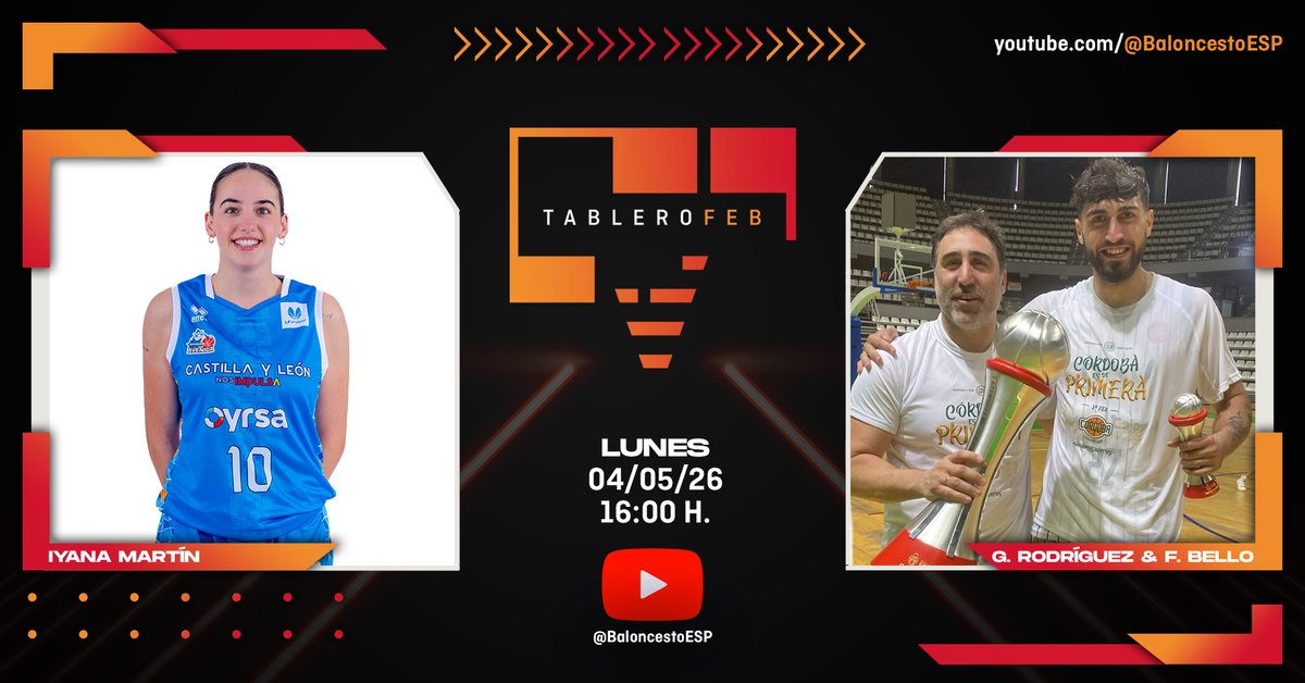 CompeticionFEB's tweet photo. ❤️ @Youtube | Mucho talento en el #TableroFEB de este lunes (16h) 🤩
👨💻 Qué le preguntarías a nuestros invitados❓
🏆 #PlayoffsLFEndesa:
✅ Iyana Martín - @CBAvenida
🏆 #FinalLF2:
✅ Gonzalo Rod y F. Bello - @CordobaCB
📺 Acompáñanos en directo ⬇
https://t.co/FylF6NxkrH https://t.co/VCN2pLRExI