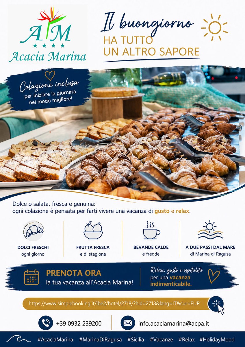 acaciamarinapal's tweet image. All’Acacia Marina, ogni risveglio è un momento da gustare con calma, tra sapori autentici e relax.

👉 Prenota:
rfr.bz/te9e31c

📞 +39 0932 239200
✉️ info.acaciamarina@acpa.it

#AcaciaMarina #Colazione #BreakfastTime #MarinaDiRagusa #Sicilia #Vacanze #Relax #FoodLovers
