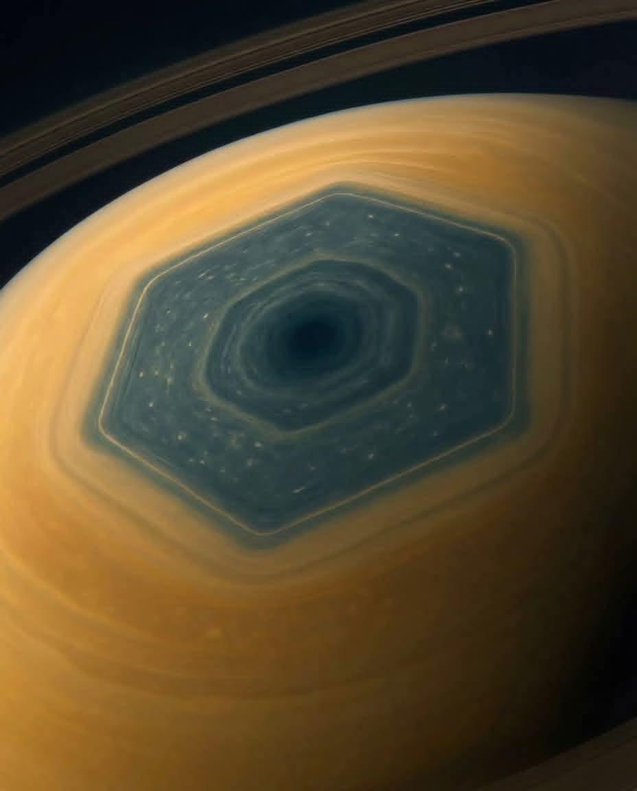 A perfect ~30,000 km-wide hexagon on Saturn's north pole, spinning counterclockwise, finishing one revolution every 10h 40m… and it’s been there for more than 40 years
