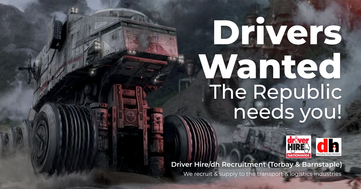 dhtorbay's tweet photo. May the Fourth be with you. The Republic needs drivers, and so do we.

HGV, 7.5t and van drivers wanted across Torbay and the Barnstaple area. Full-time, ongoing or ad-hoc work available.

Call us: 
Torbay: 01364 644149
Barnstaple: 01271 441909

#maythefouthbewithyou https://t.co/eBxD9RqUzD