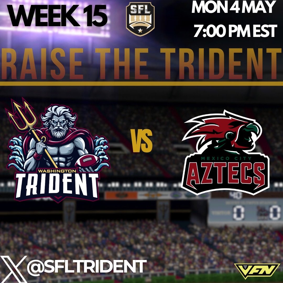 Trident_SFL's tweet photo. PLAYOFFS: CLINCHED. ✅
The standard stays the standard.
Monday Night Spectacular
Washington travels to Mexico City to close out the regular season.
One more week to set the tone before going into the playoffs.
🔱🆙
#SFL #SpearsUp #TridentUP https://t.co/sokemsH68G