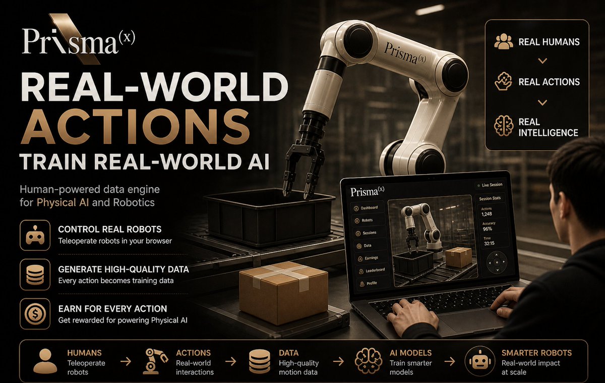 Tidi97_x's tweet image. We've spent years teaching AI to read, write, and generate.
But there's one thing it still can't do on its own:
 Move through the real world.
🦾 Data is the final frontier for Physical AI —
and one project is quietly building the solution 👇
@PrismaXai
#PhysicalAI #Robotics #Web3