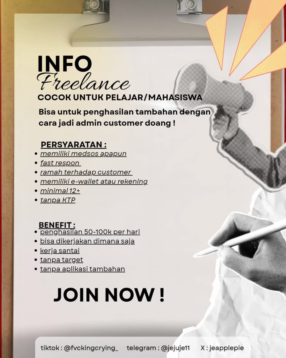 jeapplepie's tweet photo. KAMU PELAJAR DAN MAU DAPET UANG TAMBAHAN?🧐🧐
cuma modal hp dan internet doang lohh‼️ bisa dikerjain dimana aja dan kapanpun

YUK JOIN FREELANCE DI AKU ! 

cuma modal ga sampe 10k bisa balik modal dalam sehari lohh ❗️
*MINAT DM!*
#zonauang #jobreceh #freelance #loker
#baelanja https://t.co/NyciQht8Fa