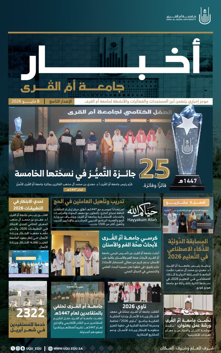 uqu_edu's tweet photo. فعاليَّات محليَّة ودوليَّة؛ واحتفالات بالباحثين والمبتكرين والفائزين في #جائزة_جامعة_أم_القرى_للتميز 1447هـ؛ وتنمية وتطوير للقدرات البشرية من خلال مجموعة من البرامج؛ تتصدَّر نشرة ⁧ #أخبار_جامعة_أم_القرى⁩ في إصدارها التَّاسع.

⁧ #جامعة_أم_القرى⁩ https://t.co/eOcSF2cemp