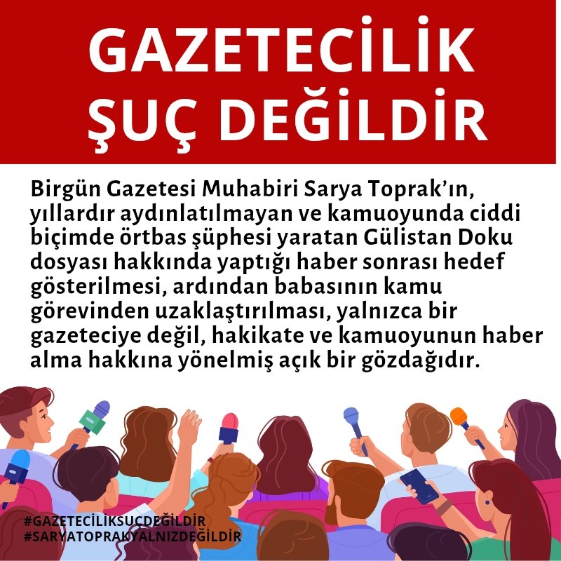 🟣 Birgün Gazetesi Muhabiri Sarya Toprak’ın (<a href="/saryatoprakk/">Sarya Toprak</a>), yıllardır aydınlatılmayan ve kamuoyunda ciddi biçimde örtbas şüphesi yaratan #GülistanDoku dosyası hakkında yaptığı haber sonrası hedef gösterilmesi, ardından babasının kamu görevinden uzaklaştırılması, yalnızca bir