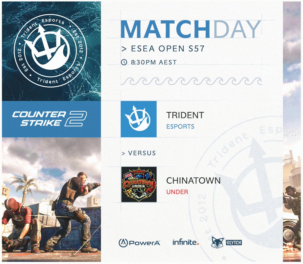 TridentEsports's tweet image. 🔱#MATCHDAY🔱

Another day, another #TridentCS match. Time to take on #ChinatownUnder. Let's get this W. 💪

🆚#ChinatownUnder
🕣8:30pm
📺twitch.tv/synkloites