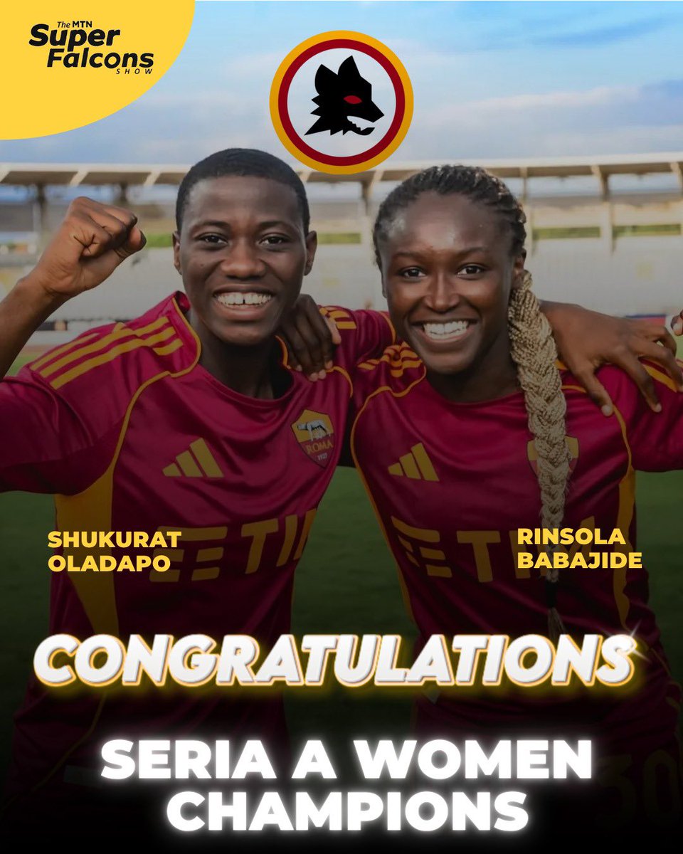 Superfalconshow's tweet image. Meet The Serie A Femminile Champions! 🏆🇮🇹✨

Rinsola Babajide 🏆🇮🇹🔥
Shukurat Oladipo 🏆🇮🇹💪🏽

Congratulations! 🎉🇳🇬

The Italian job! 🇮🇹✅ Well done! 👏🏽👑

#TheMTNSuperFalconsShow #ThisIsNaija #SoarSuperFalcons #WhereFootballLives