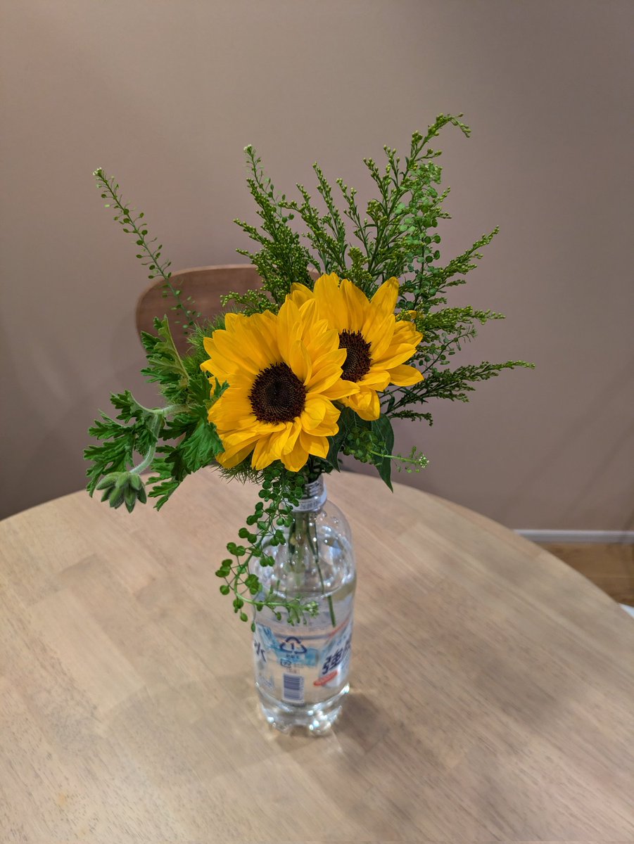 同期が新居祝いにお花くれた💐
めっちゃ嬉しいのに
先日、父に花瓶を灰皿にされてしゃーなしペットボトル。