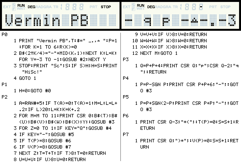 2年前に作ったPB-100用バーミン風を『バーミンPB』とし、容量を稼いで多少の変更を加えられた。
・ライフ表示を角度モードから右端の数字に
・ミス要因のモグラのみ消えるように
・モグラの出現速度制御を拡張
まだ色々と違うけど、もう大きくは縮まないと思うのでこの辺で。
dropbox.com/scl/fi/fzyqrd4…