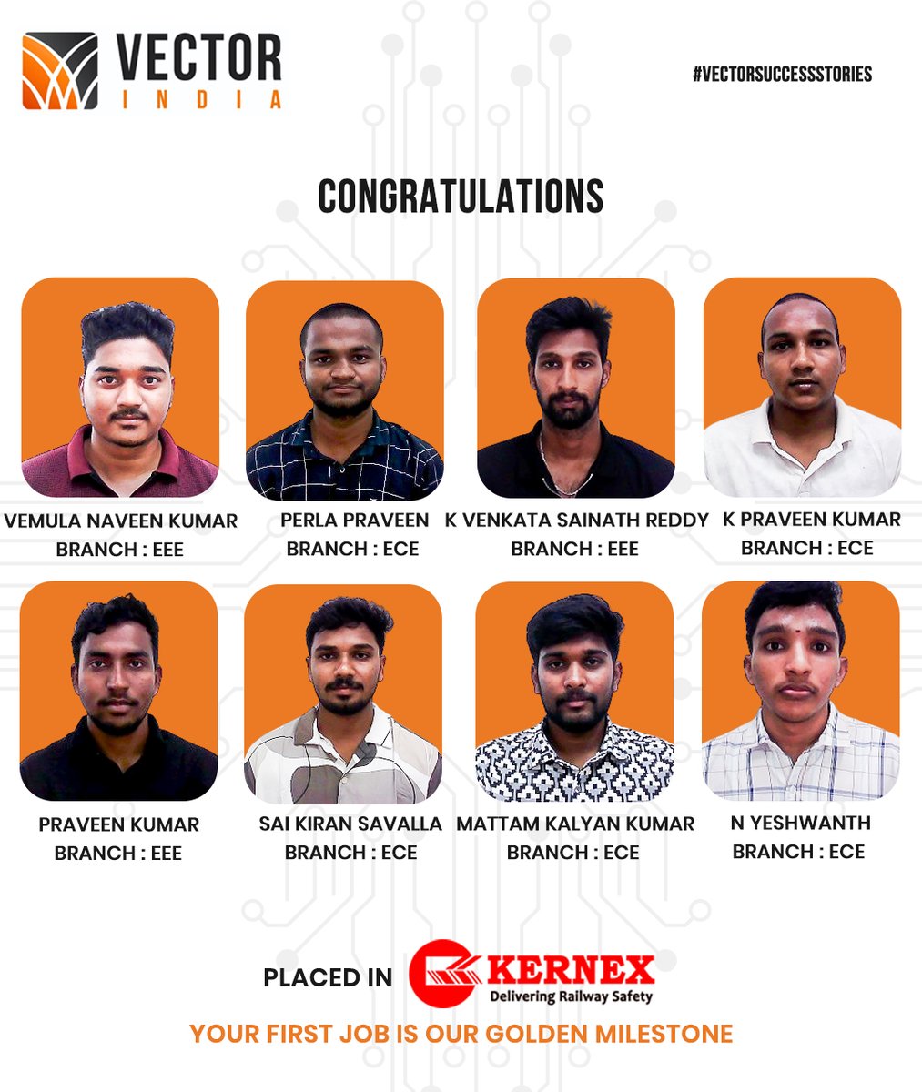 Vector_India's tweet photo. Our students have successfully secured placements at Kernex Microsystems a big step into the core engineering world UR hard work paid off This is just the beginning #VectorIndia #VectorSuccessStories #Placements #ECE #EEE #CoreEngineering #FirstJob #CareerStart #Kernex #Engineers https://t.co/14dZet23mI